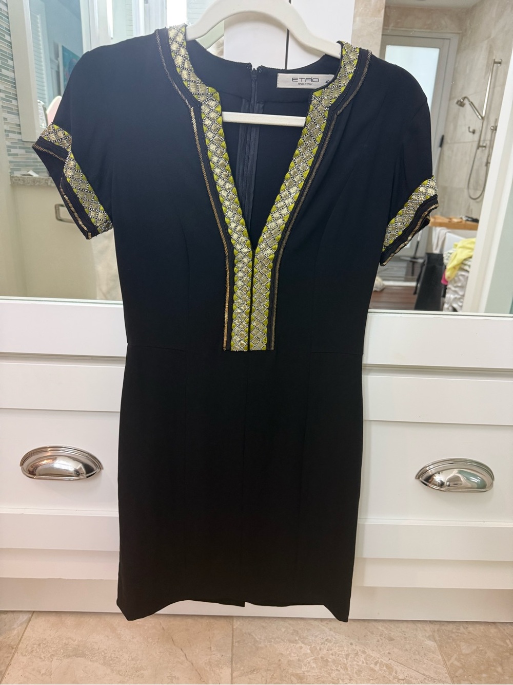 ETRO Black Short Sleeve Dress with Lime Embroidered Beaded Trim